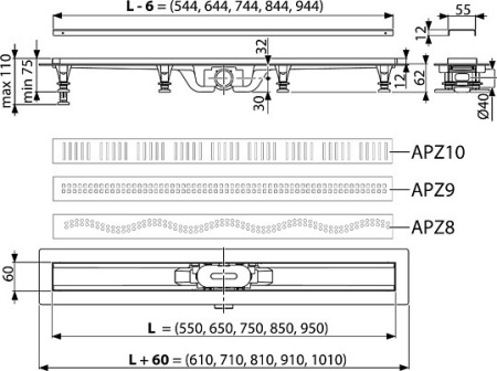 душевой лоток alcaplast apz9-simple 550 с решеткой и опорами