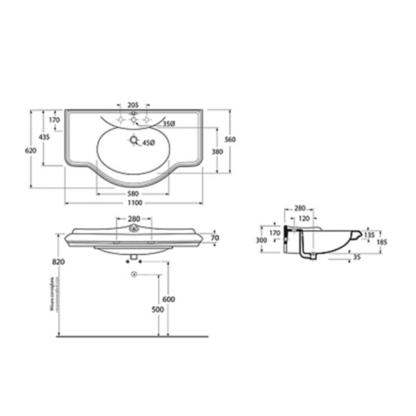 azzurra jubilaeum раковина со спинкой 110x62 см, 3 отв., цвет: bianco lucido