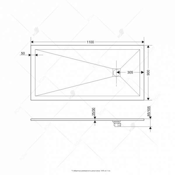 душевой поддон из искусственного камня rgw stt st-0119w 90x110x2,5 белый