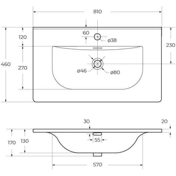 раковина cezares molveno czr-8099-80 81x46 см, накладная, белый