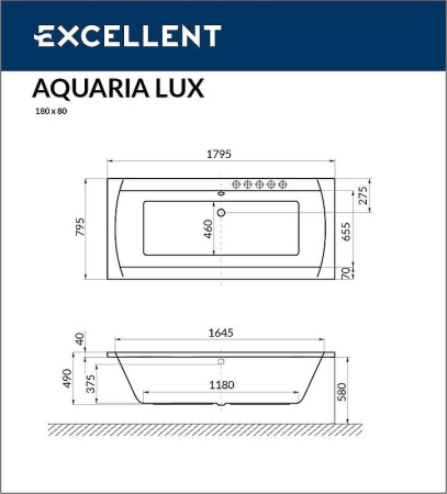 акриловая ванна excellent aquaria lux 180x80 "soft" цвет золото с гидромассажем