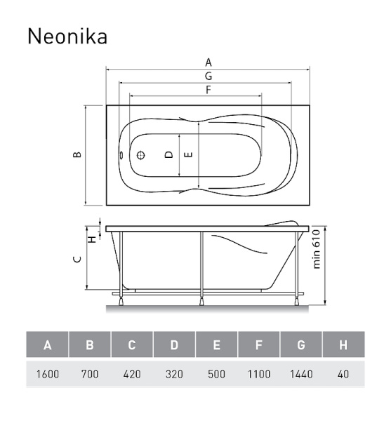 акриловая ванна relisan neonika гл000000977 160x70 белая