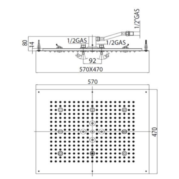 верхний душ 570 x 470 мм bossini dream h38671.030, с 8 led (белый), 2 режима (дождь, распыление), цвет: хром