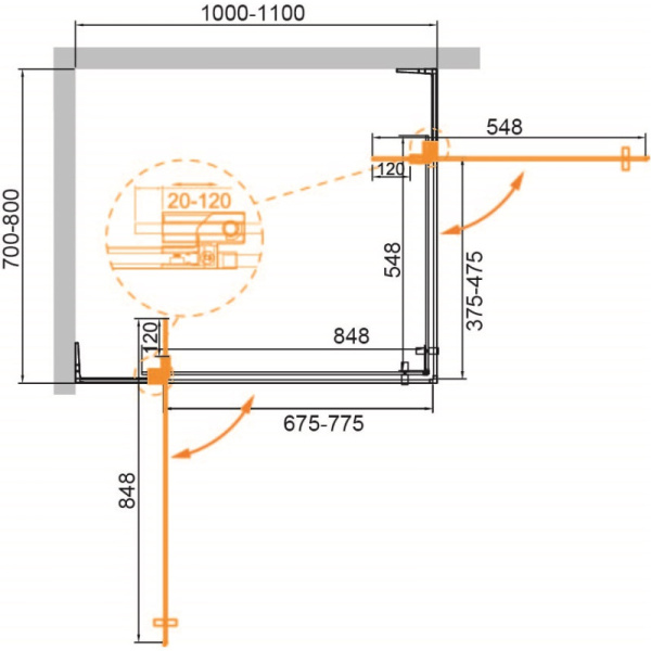 душевой уголок 100-110x70-80 cezares slider-ah-2-70/80-100/110-grigio-cr серое