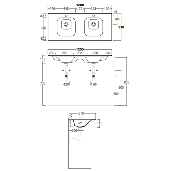 раковина двойная simas wave wa120 bi*2 120x50xh14,5см, встраиваемая, с 2 отв, цвет: белый