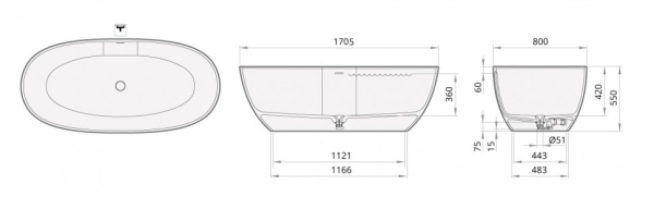 ванна из искусственного камня paa bella vabels/00 170x80 см silkstone