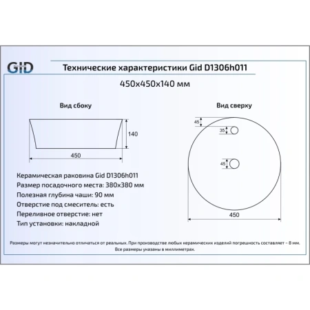 раковина в ванную накладная 43 см ceramalux d1306h011 белая с золотой каймой
