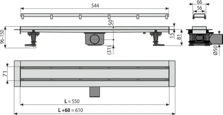 душевой лоток alcaplast apz13-double9-550 с решеткой и опорами