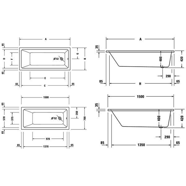 Duravit D.1 Ванна 1500х700хh420 мм , встроенная,, с одним наклоном спинки, санитарный акрил, цвет белый