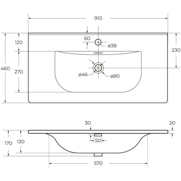 раковина cezares molveno czr-8099-90 91x46 см, накладная, белый