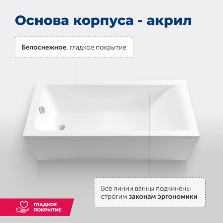 акриловая ванна aquanet bright 175х70 см, 00273795, с каркасом, цвет белый