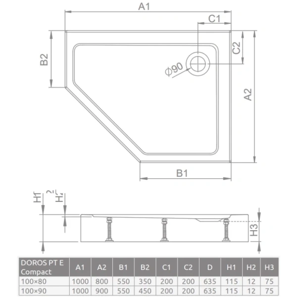 душевой поддон 100×80 см radaway doros pt e compact sdrptp1080-05r