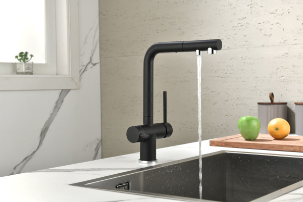 смеситель для кухни с подключением к фильтру paulmark serpentine se213222-418, цвет черный металлик