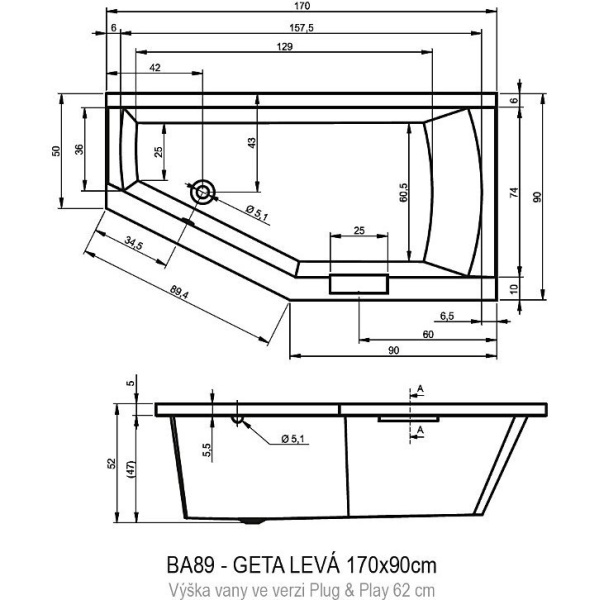 акриловая ванна riho geta 170х90 l b032010005 (bd4900500000000) без гидромассажа