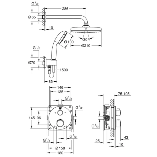 душевой комплект 210 мм grohe grohtherm 34727000