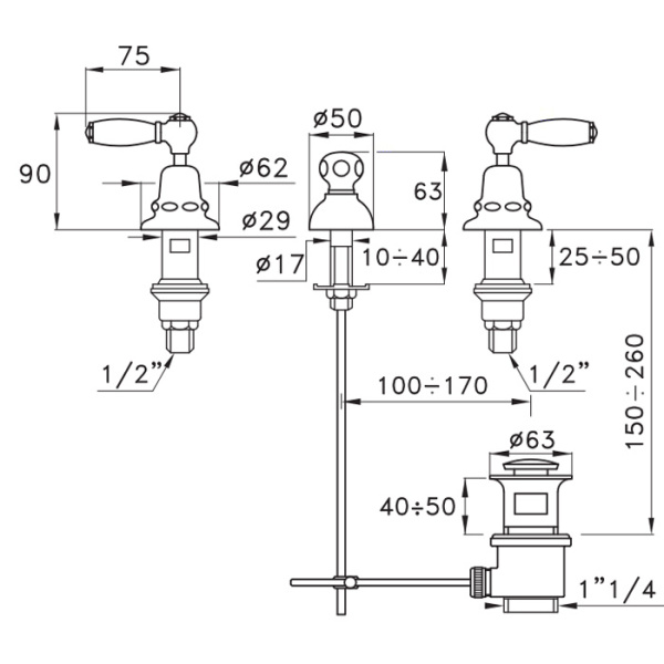 stella stella italica leve смеситель для биде на 3 отверстия 3600, без излива, с донным клапаном, цвет: хром