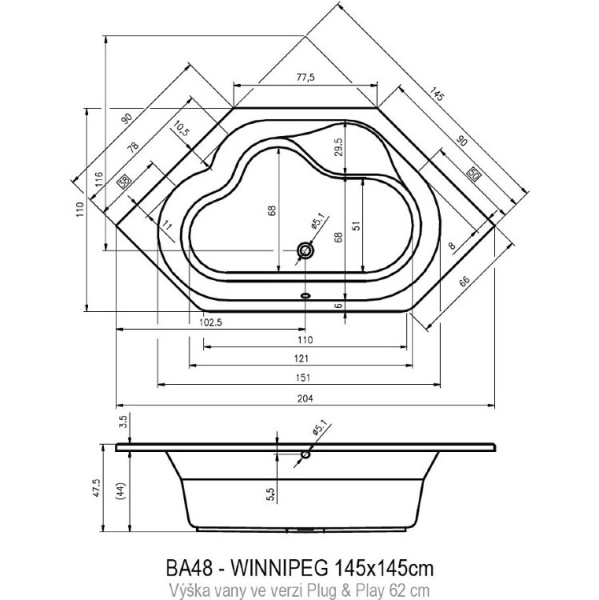 акриловая ванна riho winnipeg 145х145 b010011005 (bd7300500000000) без гидромассажа