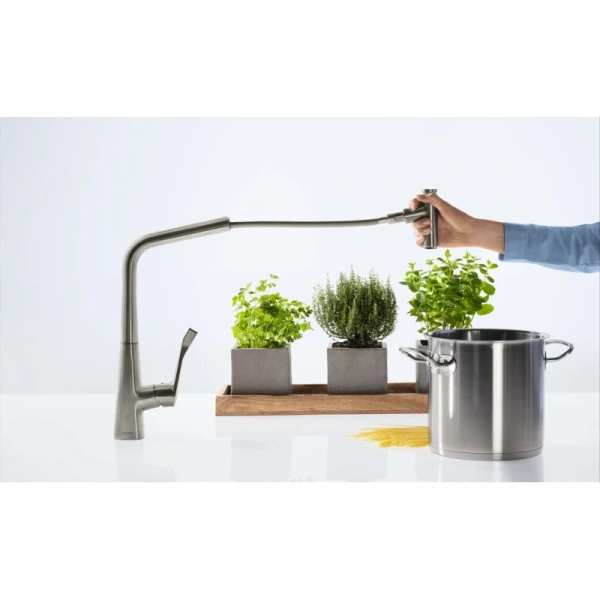 смеситель для кухни 320 с выдвижным изливом hansgrohe metris select m71 14884800, сталь