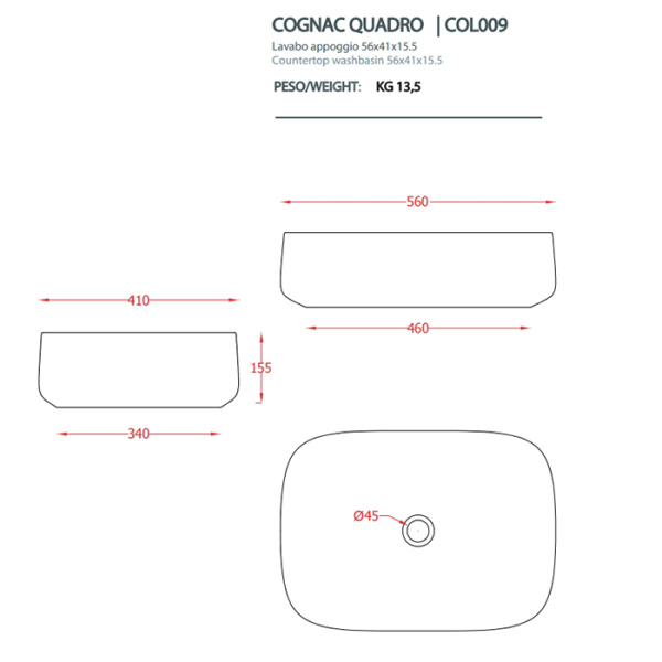 раковина artceram cognac quadro col009 44 00 накладная, без отв., без перелива, на столешницу, saniglaze, 56x41xh15.5 см, salvia