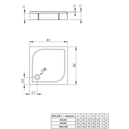 акриловый поддон 90x90 см radaway delos c 4c99170-03