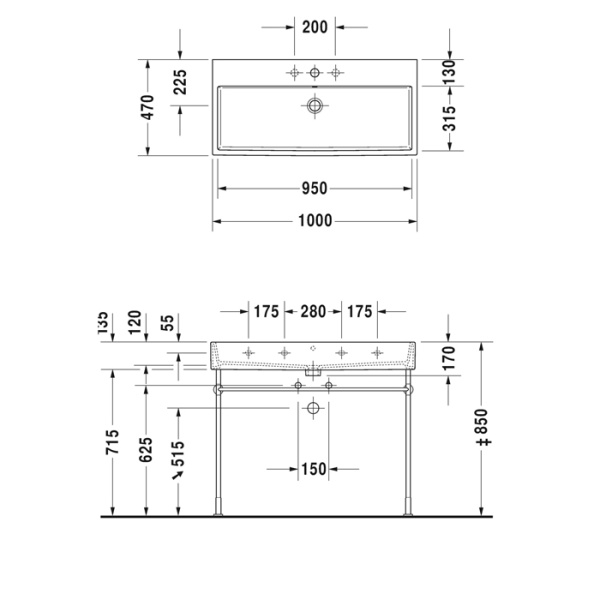 duravit vero air раковина 100cm, с переливом, с площадкой, без отв. под смеситель, на столешницу, белая