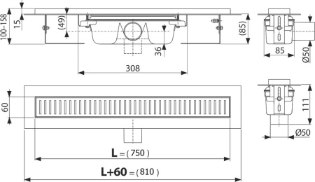 душевой лоток alcaplast apz1smart-line-750 с опорами и решеткой