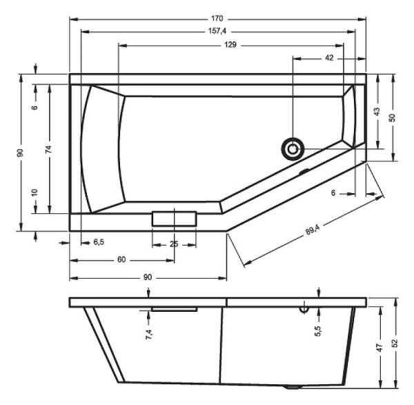 акриловая ванна riho geta 170x90 b031001005 (ba8800500000000) r без гидромассажа