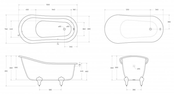акриловая ванна belbagno bb06-1550 155x76 белая