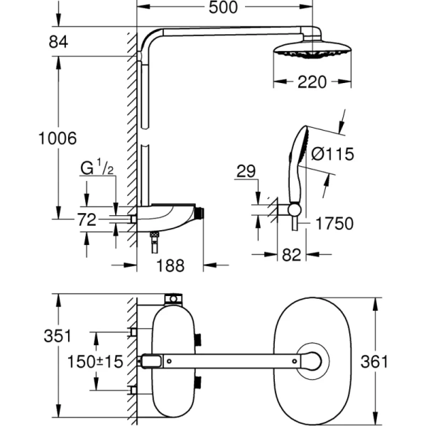 душевая система 361x220 мм grohe rainshower system smartcontrol 26250000