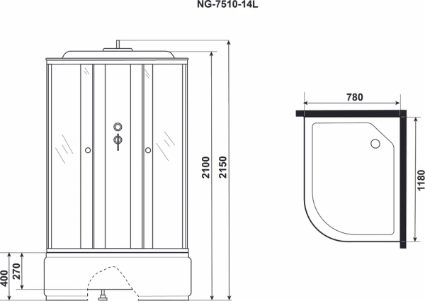 душевая кабина niagara eco ng-7510-14l с высоким поддоном, с сиденьем