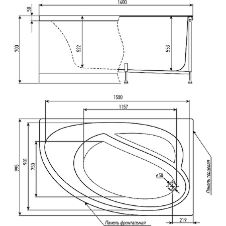 акриловая ванна timo iva 160x100 l iva1610l без гидромассажа