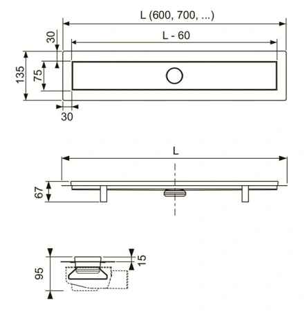 дренажный канал tece tecelinus 15103069, 600x135x67 мм, 2 в 1, с основой для плитки tile и панелью steel, нержавеющая сталь