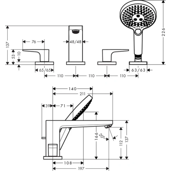 смеситель на борт ванны hansgrohe metropol 74553000